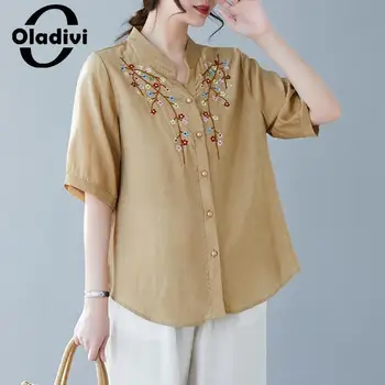 Oladivi Модни дамски ежедневни свободни памучни ленени блузи с бродерия, нови летни ризи оверсайз, дамски туники голям размер, 9009