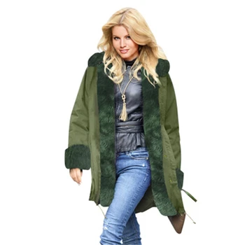 Зимно дамско палто от изкуствена кожа с голям размер, ежедневни тънки дебели топли дамски кожени палта, реколта армията зелена горна дреха J739