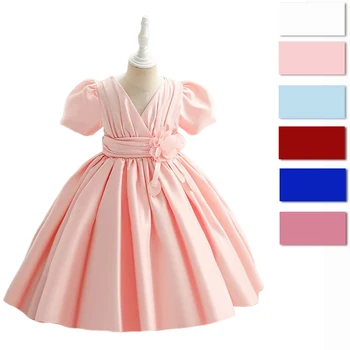 2023 Лятна бебешка рокля на принцеса с цветя модел за малки момичета-деца, бяло, розово, синьо, червено, атласное рокля-пакет за рожден ден, на тържествена церемония, сватбени партита, от 2 до 9 години