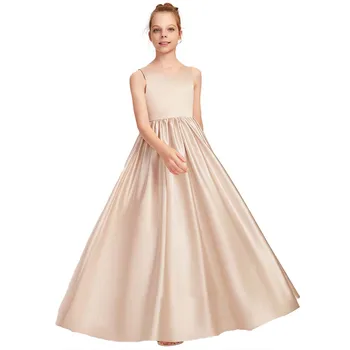 YZYmanualroom А-силуэтное Атласное рокля на шаферка с V-образно деколте и лък, Рокля с цветя модел за момичета, Сватба парти от 4 до 15 години (4 цвят)
