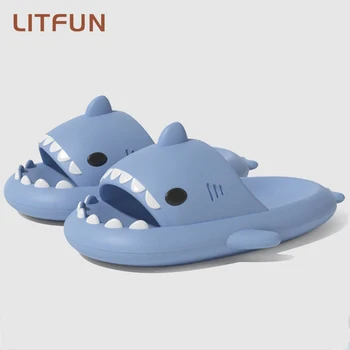 Litfun, симпатични чехли с акули, за жени, мъже, улични модни плажни пързалки с акули, нескользящие дебелите сандали, домашни обувки за двойки