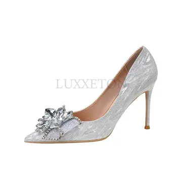 Летни кристални страхотни дамски сандали-ветерки, прозрачни дамски сандали на висок ток с кристали и възел-пеперуда, модерни обувки