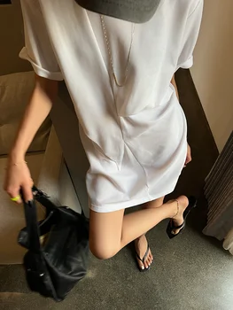 Жена нарушения на сърдечния свободно однотонное мини-рокля с кръгло деколте, ежедневното памучно рокля от dacron, оригинално творение, пролет-лято, бяло