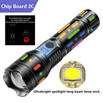 Мощен ярко фенерче с флуоресцентни усвояването на фолио, светещи цветни тактически фенер с дисплей захранване Type-C, акумулаторна батерия
