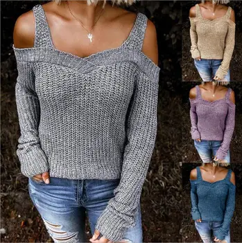 Жените сексуалната привлекателност на новата фондация 2023 г., есенен пуловер с открити рамене, обикновен пуловер с дълги ръкави за почивка