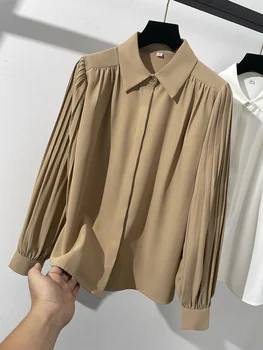 Однотонная женска риза с къдри, плиссированный дълъг ръкав, тайната на планк против бръчки, офис дамски елегантни модни блузи, горно работно облекло