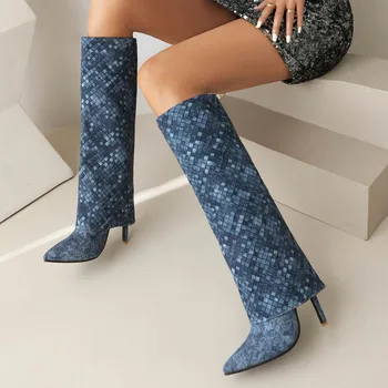 RIBETRINI / Брандираната новост 2023, дамски ботуши до коляното на висок тънък ток, зимни модни дамски обувки с остър пръсти и ръкави за панталони