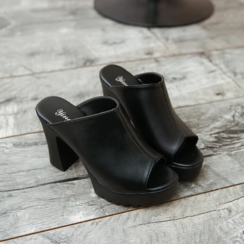 Дамски чубрица сладък джапанки обувки с високи токчета, черни джапанки на платформа с отворени пръсти, дамски чехли в кожена подметка, дамски сандали, без закопчалка, дамски обувки