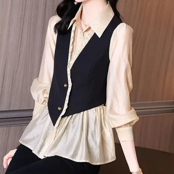 Фалшиви ризи с копчета от двете теми, женски нови пролетни модни елегантни ризи поло с корейски накъдрен, блузи с дълги ръкави, за да пътуват до работа, върхове