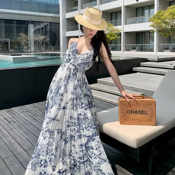 2023 Елегантна макси рокля с флорални принтом на спагети презрамки в стил Бохо, женски лятото сексуалното ежедневното рокля за плаж, почивка с появата на облегалката, Vestidos