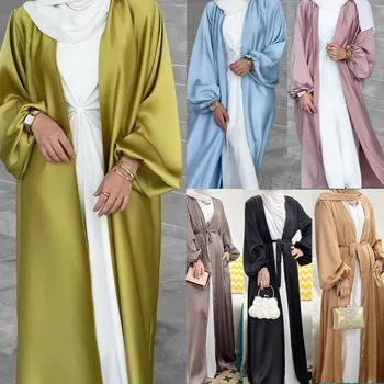 Копринено сатен мюсюлманска Абайя, женски жилетка с пищни ръкави, открит халат, мусон кафтан, мароканско кимоно, скромен, ежедневни облекла, ислямска облекло