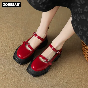 Дамски обувки Mary Jane от лачена кожа, реколта дамски обувки на висок ток и платформа в стил Лолита, обувки за студенти в японски стил