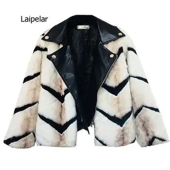 Палто от изкуствена кожа лисица, дамско зимно топло палто от изкуствена кожа с ивици, палта, дамски кожено яке в стил мозайка