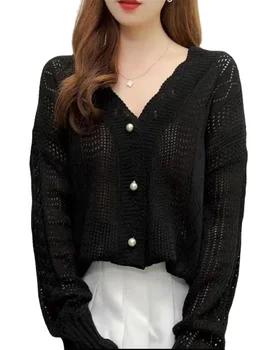 Началото на есента, нова корейска луксозен ажурная риза, пуловер в томном стил, яке, вязаный пуловер на една кука, вязаный жилетка с V-образно деколте, жена
