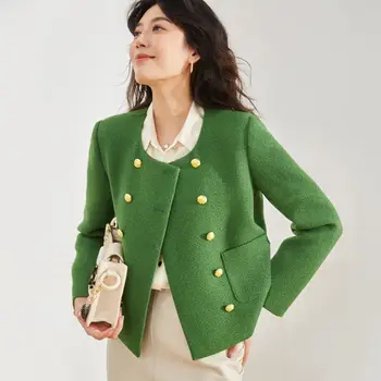 Ново френско ярко цветно двубортное малко елегантно палто от ароматно твида, темпераментное дамско палто за междуградски пътувания