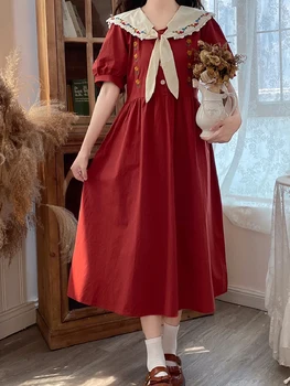Елегантна червена рокля фея в стил Преппи, женски рокли в японски стил с матросским яка и бродерия на цветя, дамски рокли с къс ръкав