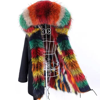 Дамско зимно меховое палто Maomaokong, яке от естествена кожа, цветна мозайка шиене, паркове с много кожа яка на облицовки от естествен лисьего кожа