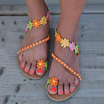 Летни обувки Дамски сандали-гладиатори дамски обувки на равна подметка модни плажни сандали в стил бохо с цветя на женските големи размери 44