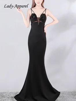Lady-Apparel-Секси секси прозрачно сетчатое рокля с дълбоко V-образно деколте на бретелях, в елегантна вечерна рокля, модни тънки рокли с риба опашка