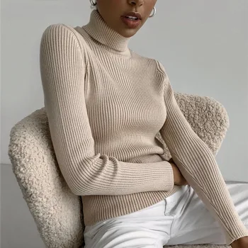 Проста жена пуловер с висока воротом, зимна модерен пуловер, еластичен вязаный женски жилетка, ежедневни обикновена черни дамски основни върхове