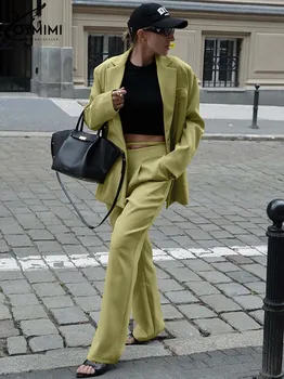 oymimi елегантен жълто-зелен комплект от две части за жени, модни ризи с дълги ръкави и джобове, прави панталони, комплекти за градинска дрехи