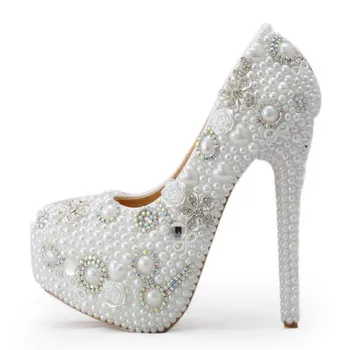 39 стил 14 см, ново записване, перлено-бели модни дамски обувки за сватба-лодка на висок ток и платформа, сватбени обувки за благородни жени, сватбени обувки
