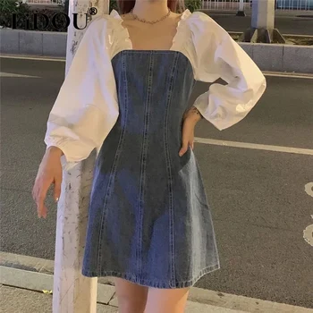 2023 Пролетно пола трапецовидна форма, с квадратна деколте и дълъг ръкав, женски ковбойское мини-рокля с пищни ръкави, женски халат за баня с цип в корейски стил в стил мозайка