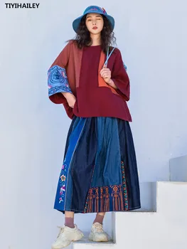 TIYIHAILEY, безплатна доставка 2021, есенно-пролетно деним пола в стил мозайка с еластичен колан до средата на прасците, женствена бродерия в китайски стил