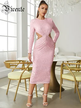 VC Розова рокля за жените, секси талия, на открито, с веригата, блестяща рокля миди с дълъг ръкав, рокли за партита на известни личности, Vestidos