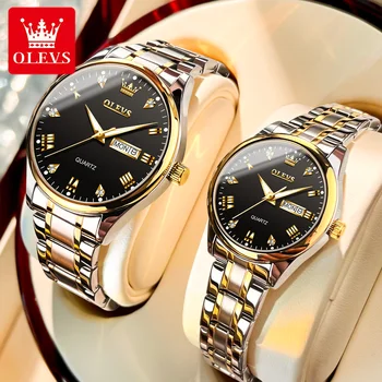OLEVS 2023 Нови сдвоени часовници за мъже и жени, моден кварцов часовник с каишка от неръждаема стомана, луксозни маркови ръчни часовници за влюбени