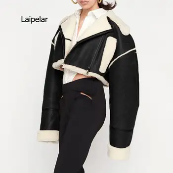 Дамски замшевая яке в стил ретро с цип с ревери от изкуствена кожа, къса стеганая яке, палто, ново