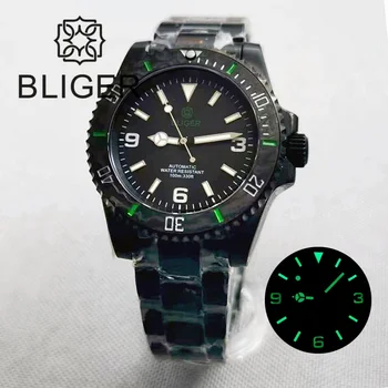 BLIGER 40 мм Мъжки часовник NH35A PT5000 Автоматично Стерилна Черен Циферблат Корпус PVD Плоски Сапфирен Кристал Paste От Въглеродни влакна Подвижен Замък