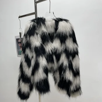 Якета от естествена кожа, кожа на миеща мечка, пушистое гъст топло, модерно късо палто, есенно-зимния цветови контраст 2023, дамски дрехи