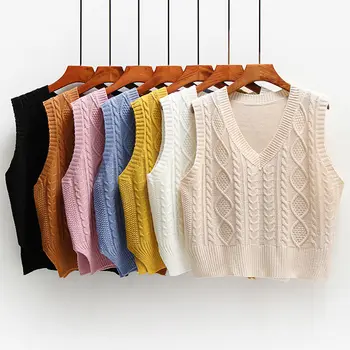 Модерен женски пуловер-жилетка в корейски стил 2023, новостите на пролетта-есента, възли пуловери без ръкави с V-образно деколте, дамски жилетки, връхни дрехи