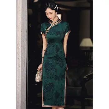 Китайски ретро Чонсам тъмно зелено и Подобряване на ретро републиканския елегантна тънка дълга рокля Ципао Традиционни дрехи за жени