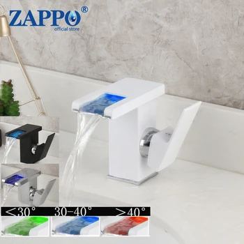 ZAPPO Смесител за тоалетна мивка и за баня led смесител за мивка с водопад, бяла кран, черен смесител за топла и студена вода, монтиран на бортике, смесителна батерия за тоалетна мивка