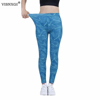 VISNXGI спортни панталони за фитнес зала, дамски гамаши с висока талия, повдигащ, за фитнес, сини дрехи от полиестер с принтом под формата на листата на банана с дължина до щиколоток