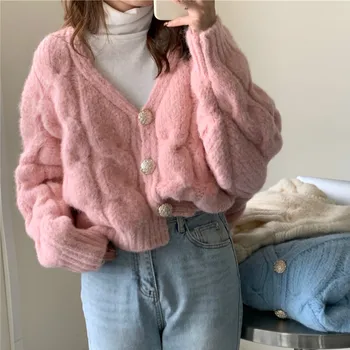 Корейски нов топъл пуловер, женски V-образно деколте, однотонная дебела горна дреха 2023, есен-зима, нежен, сладък, за момичета, без вязаный жилетка, дамски блузи