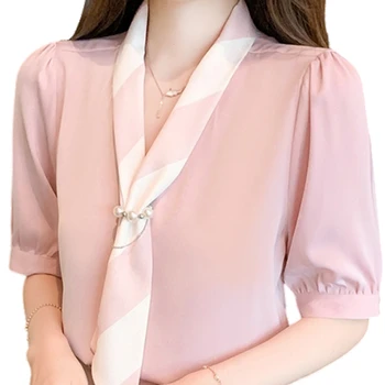 Елегантни блузи с перлата на вдлъбнатина, нови шифоновые обикновена блуза с пищни ръкави, модни елегантна дамска блуза, скъпа базова работно облекло