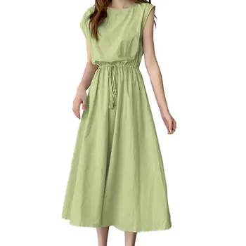 Лятото женствена рокля 2023 с кръгло деколте, къс ръкав, завязками на талията, монтиране свободен подгъва, однотонное плажна рокля midi трапецовидна форма