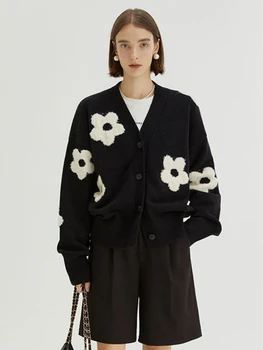 ХОУЧЖОУ, черно случайни жилетка, женски свободен вязаный пуловер с цветен модел, градинска дрехи, корейската мода, есенно-зимно дамско палто