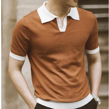 Нова лятна мъжка тениска в контрастен цвят, с къси ръкави, зашити в британския стил, Тънка Трикотажная Шарени Ежедневни риза с къси ръкави, с V-образно деколте