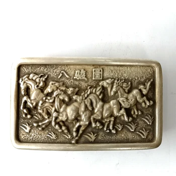 Китайската Тибетски сребърна резба, статуята на осми кон, пуговица за колан, украса на древния човек, подарък колекция, Дължина 8 см