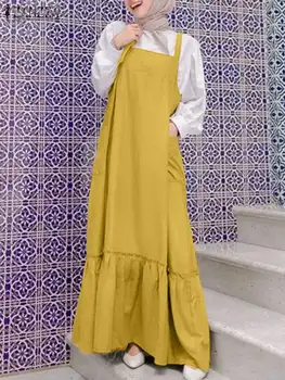 2023 ZANZEA Модно рокля на бретелях без ръкави, турски хиджаб, мюсюлмански рокли, дамски елегантен квадратен яка, яка хем, сарафан, Абайи