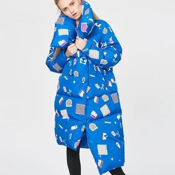 Зимата утолщенное палто свободно cut със синьо принтом, европейска и корейската мода, пуховик големи размери, дамски дрехи