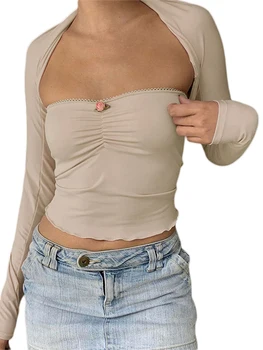 Жена секси топ с изрезки, съкратен топ с дълъг ръкав, блузи без презрамки, риза с отворена на гърба, комплекти от 2 теми