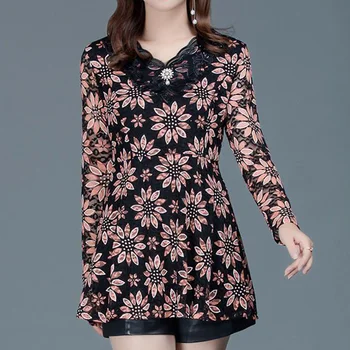 Корейски пролетно-есенния нов пуловер с дълъг ръкав и цветна принтом, тениска с V-образно деколте, завързана тънък открит женски топ средна дължина