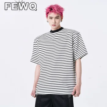 FEWQ Шарени мъжки тениски с къс ръкав, Цвят тампон върху рамото с кръгло деколте, мъжки t-shirt, Градинска корейската мода, 24B2884