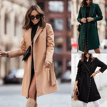 Палта за жени 2023, есенно-зимния двубортное вълна палто с нитове, дълъг ръкав, копчета с ревери, вълнена палта за жени