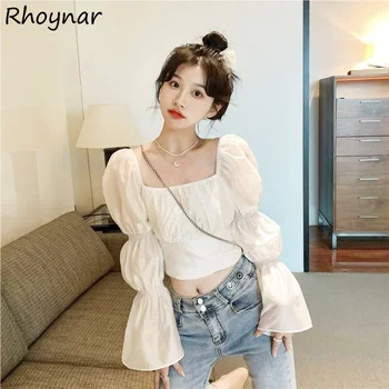 Блузи с дълъг ръкав дамски съкратен Секси обикновена прекрасната в корейски стил с квадратна яка в нежни дишащи летни тънки външни женски